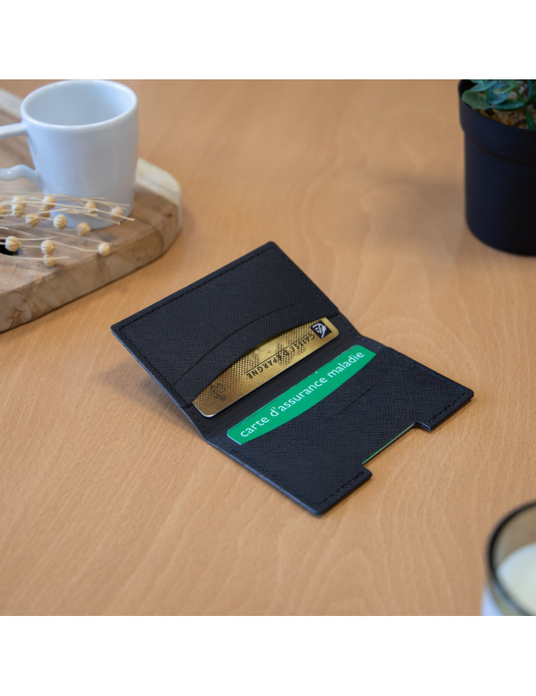 Porte-cartes folio noir grainé en simili-cuir personnalisé