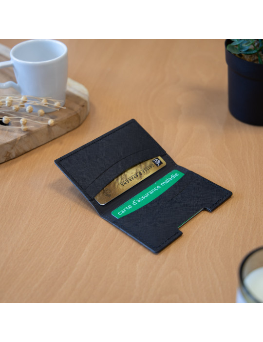 Porte-cartes folio noir grainé en simili-cuir personnalisé