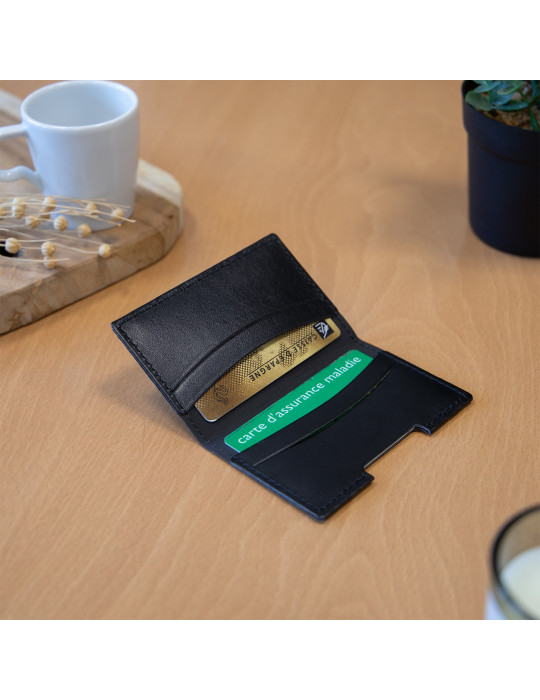 Porte-cartes folio en simili-cuir noir lisse personnalisé