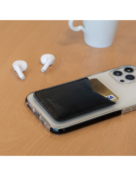 Porte-cartes smartphone en cuir noir personnalisé