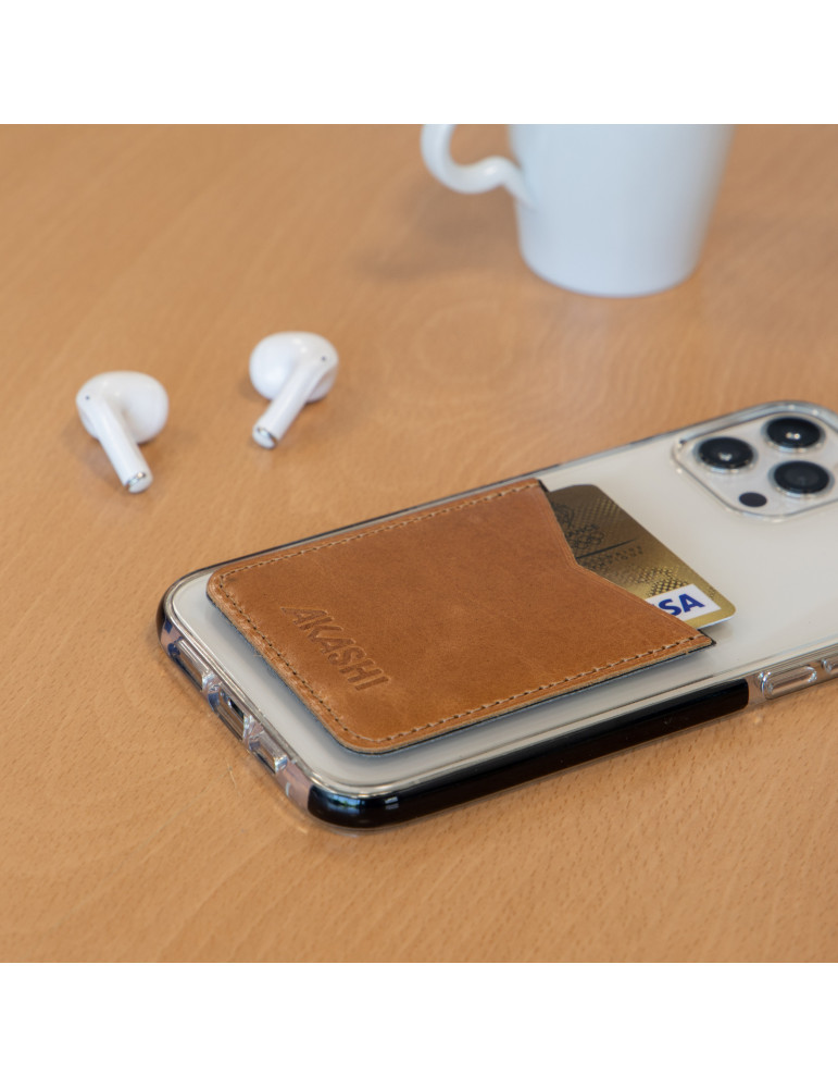 Porte-cartes smartphone cuir marron clair personnalisé