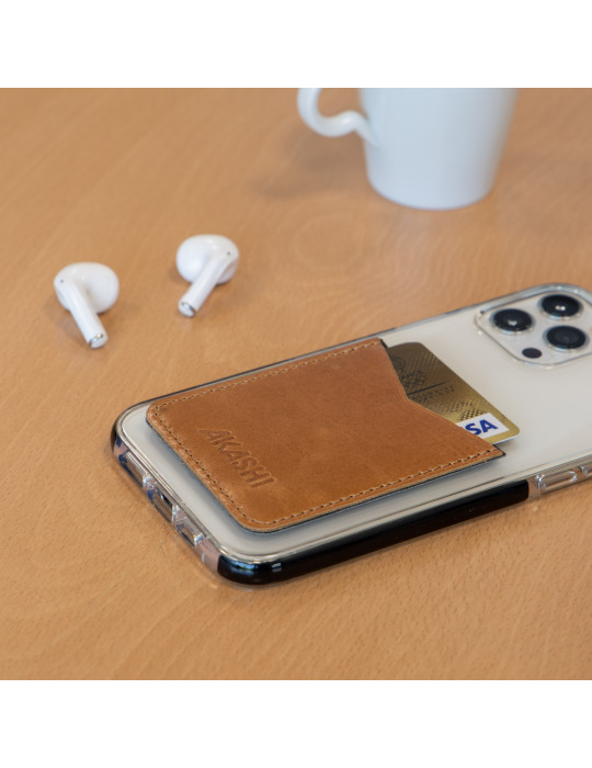 Porte-cartes smartphone cuir marron clair personnalisé
