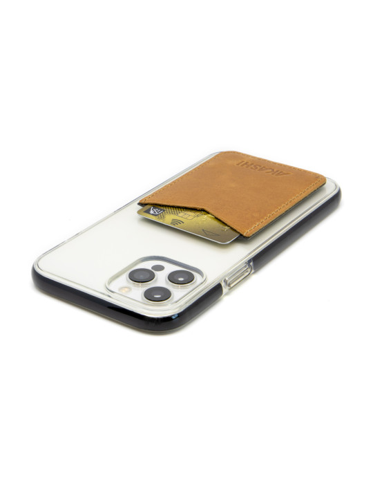 Porte-cartes smartphone cuir marron clair personnalisé