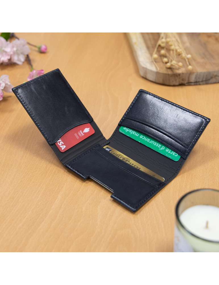 Porte-cartes folio en cuir noir personnalisé