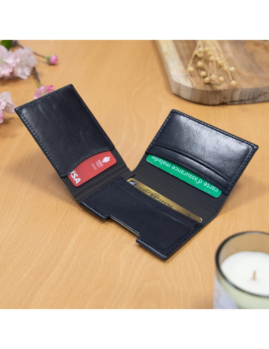 Porte-cartes folio en cuir noir personnalisé