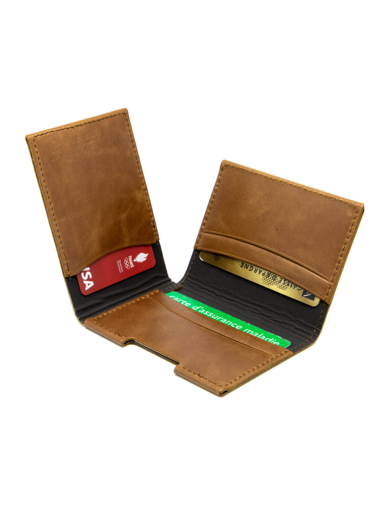 Porte-cartes cuir marron foncé à volet personnalisé