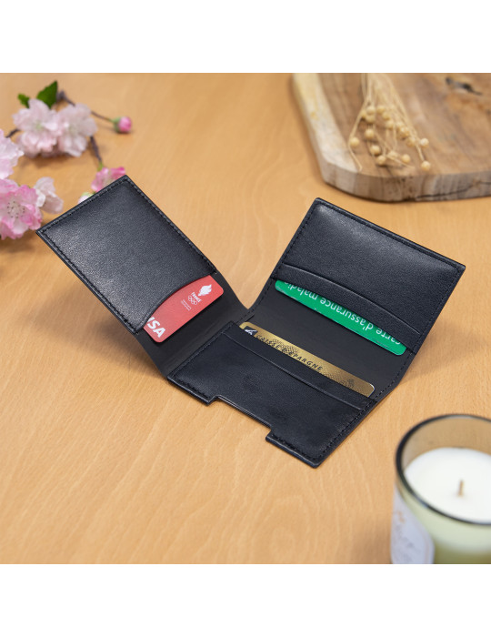 Porte-cartes en similicuir noir lisse personnalisé