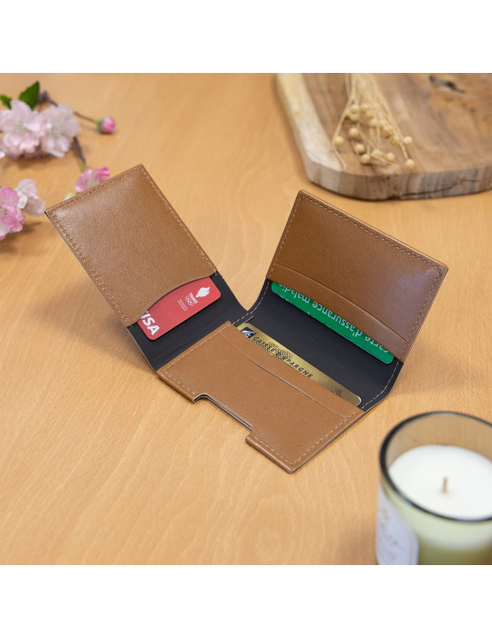 Porte-cartes similicuir marron lisse personnalisé