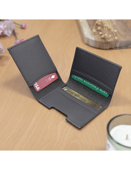 Porte-cartes à volet en cuir recyclé gris