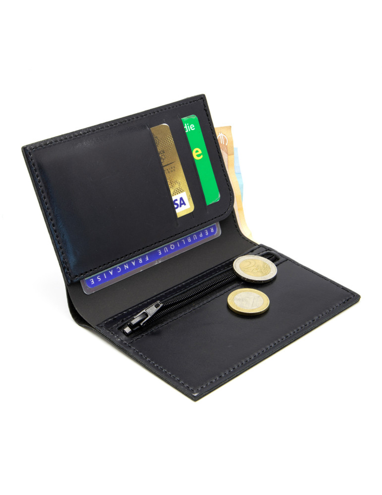 Portefeuille vertical noir en cuir véritable personnalisé