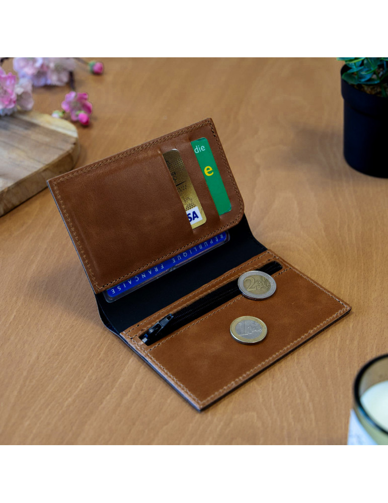 Portefeuille vertical marron foncé en cuir véritable