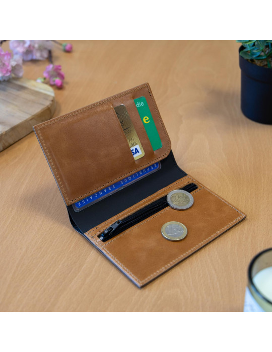 Portefeuille vertical marron clair en cuir véritable