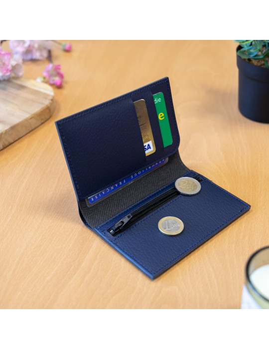 Portefeuille vertical bleu marine en cuir recyclé