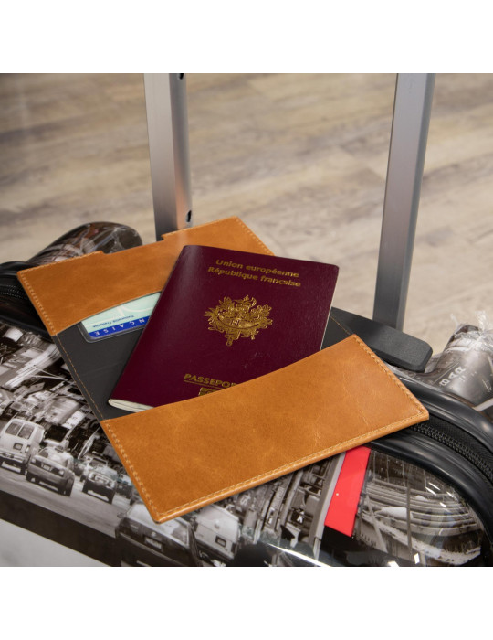 Porte-passeport et étui voiture cuir marron clair