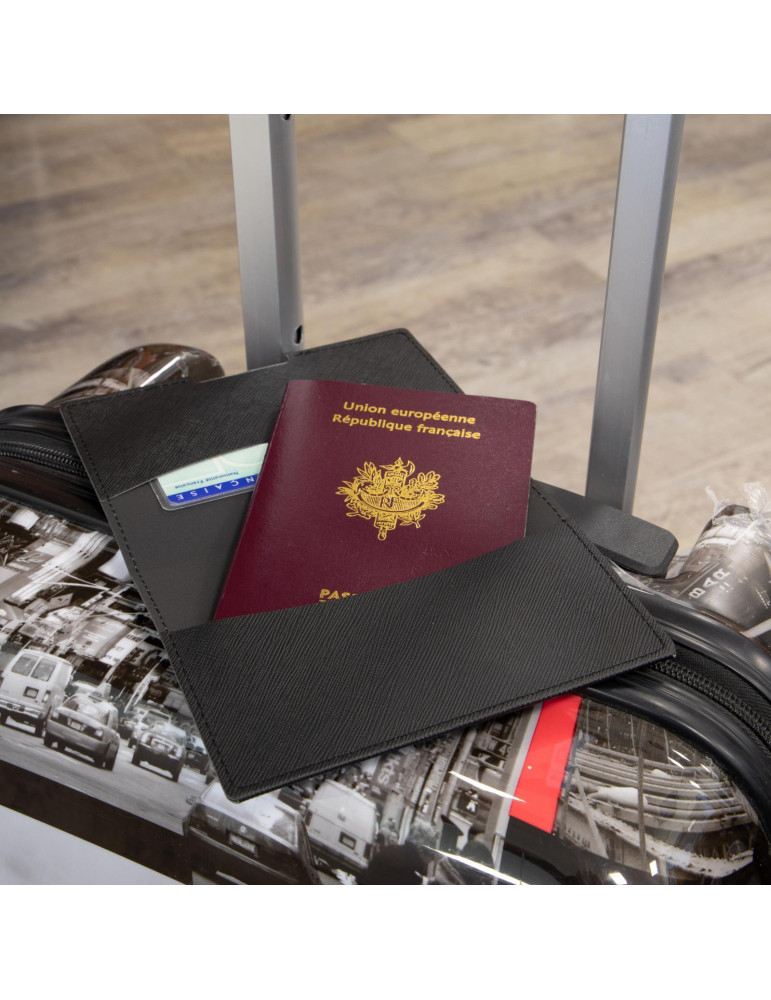 Porte-passeport et carte grise en similicuir noir grainé