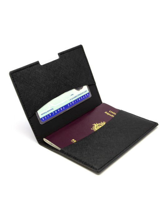 Porte-passeport et carte grise en similicuir noir grainé
