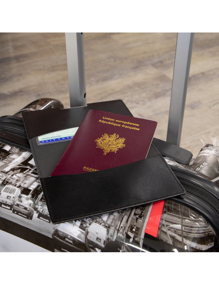 Étui porte-passeport et carte grise en similicuir noir