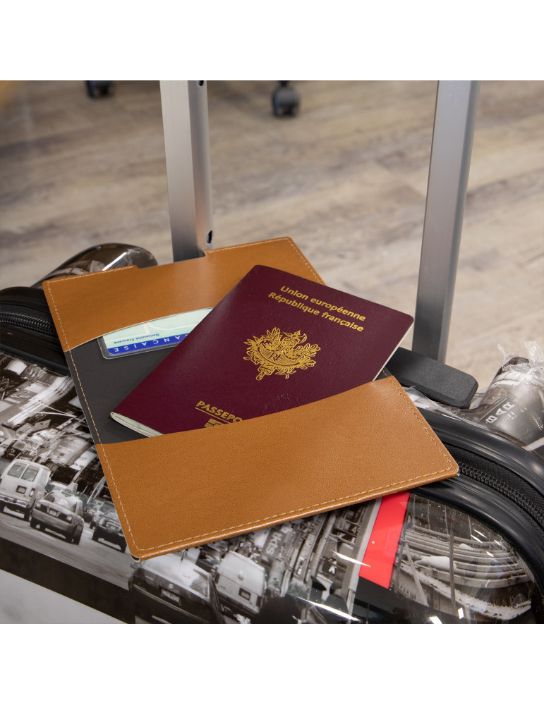 Porte-passeport et étui carte grise en similicuir marron
