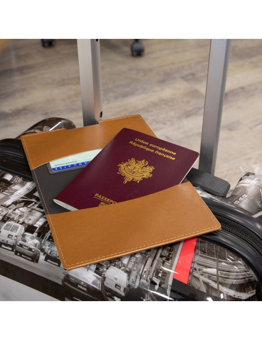 Porte-passeport et étui carte grise en similicuir marron