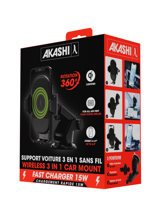 Support voiture Qi avec charge sans fil 15 W et ventouse