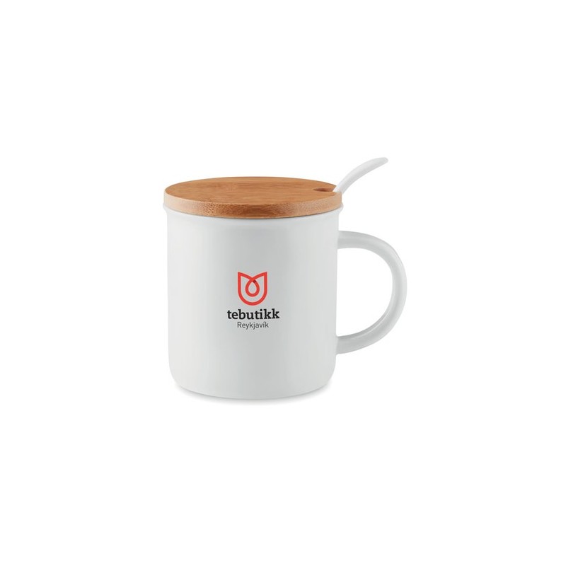 Mug en porcelaine élégant et pratique avec cuillère KENYA Matières : porcelaine Couleurs : blanc goodies publicitaire événementi
