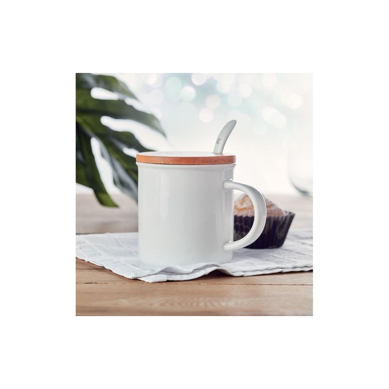 Mug en porcelaine élégant et pratique avec cuillère KENYA Matières : porcelaine Couleurs : blanc impression haute définition