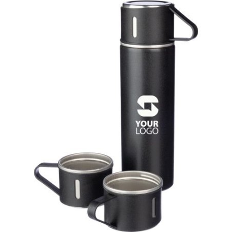 Set personnalisé de deux tasses isothermes et d'une bouteille Herbert pas cher Matières : bambou Couleurs : argenté cadeau clien