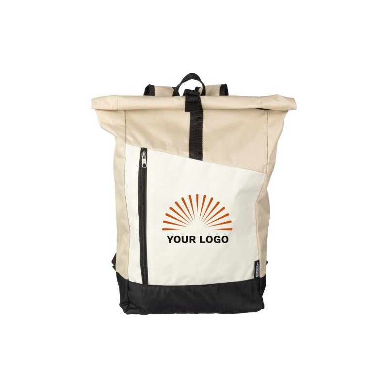 Sac à dos roll-top personnalisé en rPET - Marlene Matières : polyester Couleurs : beige cadeau entreprise pas cher