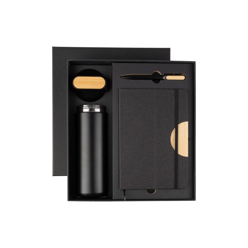 Coffret cadeau  : gourde 640 ml, stylo et carnet - Kurt Matières : métal Couleurs : noir personnalisable avec votre logo