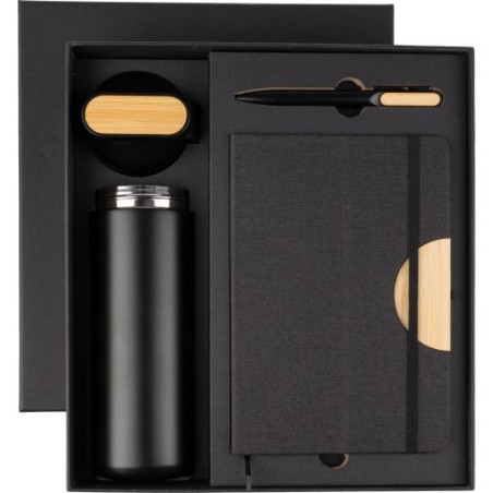 Coffret cadeau  : gourde 640 ml, stylo et carnet - Kurt Matières : métal Couleurs : noir personnalisable avec votre logo