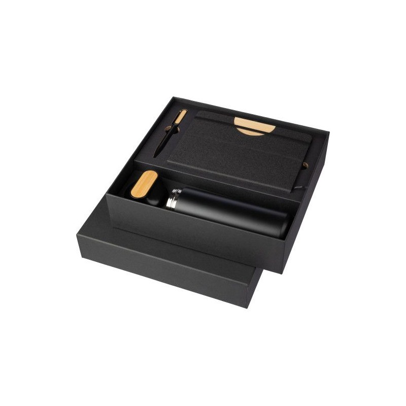 Coffret cadeau  : gourde 640 ml, stylo et carnet - Kurt Matières : métal Couleurs : noir objet promotionnel éco-responsable