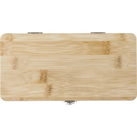 Boîte à outils  de 27 pièces en bambou Elmar Matières : acier inoxydable Couleurs : brun personnalisable avec votre logo