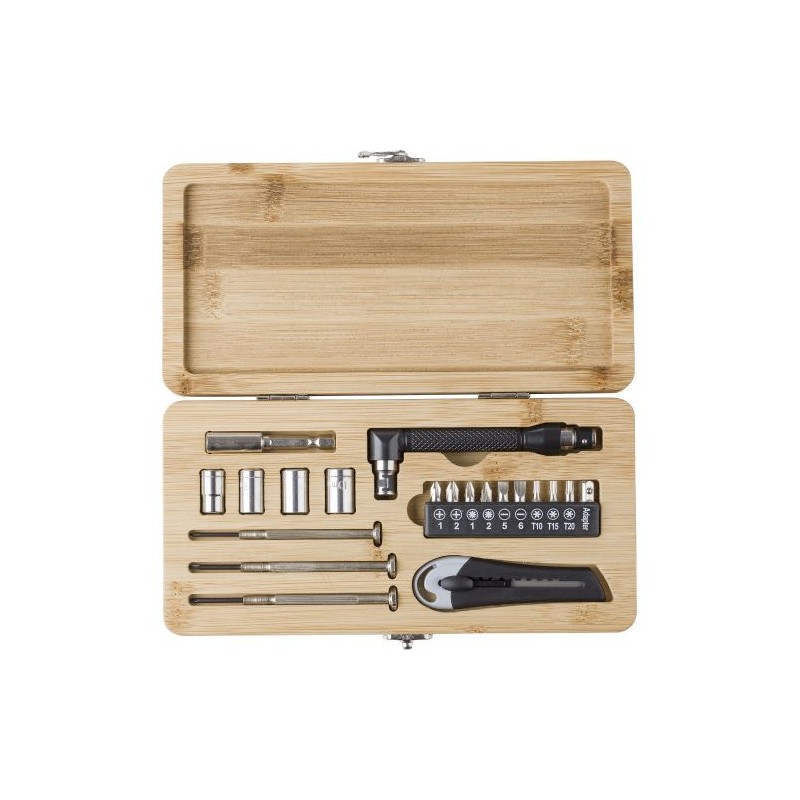 Boîte à outils  de 27 pièces en bambou Elmar Matières : acier inoxydable Couleurs : brun cadeau entreprise pas cher