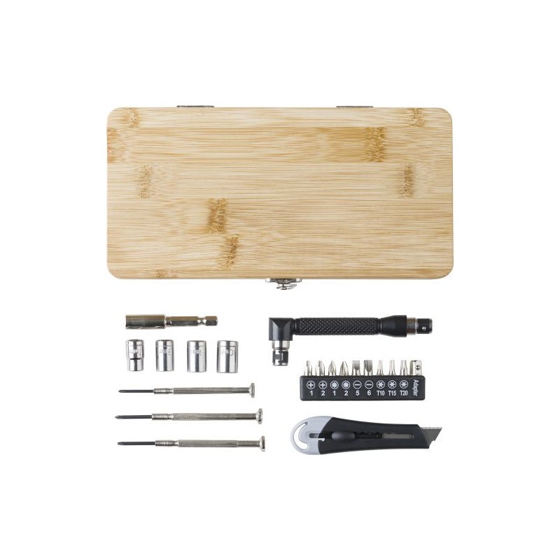 Boîte à outils  de 27 pièces en bambou Elmar Matières : acier inoxydable Couleurs : brun goodies publicitaire événementiel