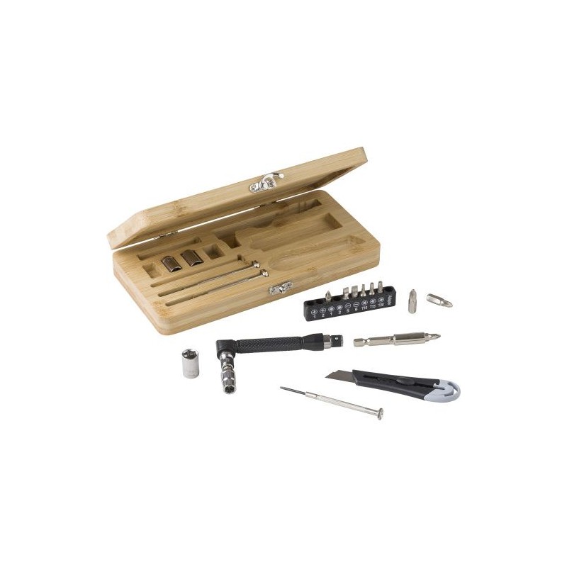 Boîte à outils  de 27 pièces en bambou Elmar Matières : acier inoxydable Couleurs : brun impression haute définition