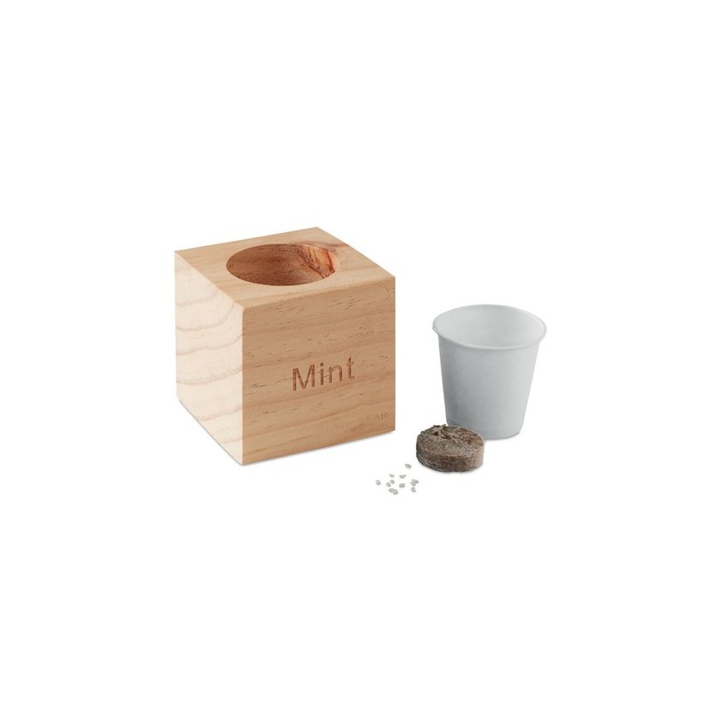 Pot en bois personnalisé avec graine de menthe MENTA Matières : bois Couleurs : bois personnalisable avec votre logo