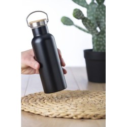 Bouteille isotherme  500 ml en acier inoxydable - Odette Matières : bambou Couleurs : noir objet promotionnel éco-responsable