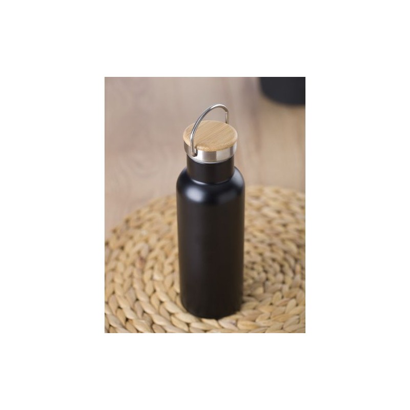 Bouteille isotherme  500 ml en acier inoxydable - Odette Matières : bambou Couleurs : noir goodies entreprise design
