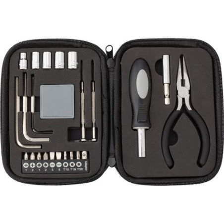 Boîte à outils  de 23 pièces dans un étui zippé en PU Lani Matières : polyester Couleurs : noir personnalisable avec votre logo