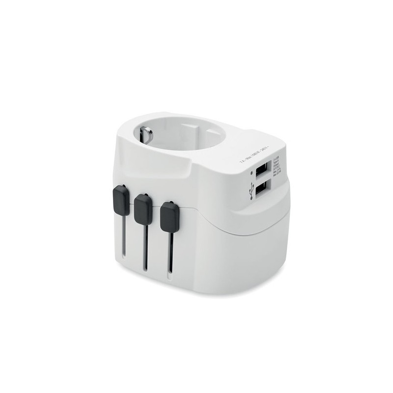 Adaptateur de chargeur universel personnalisé PRO Light avec 2x USB et 3 pôles Matières : ABS Couleurs : blanc