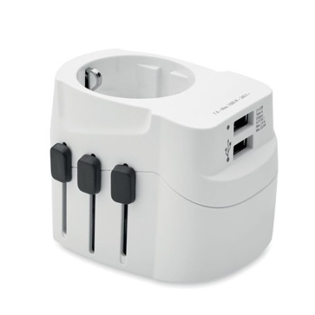 Adaptateur de chargeur universel personnalisé PRO Light avec 2x USB et 3 pôles Matières : ABS Couleurs : blanc