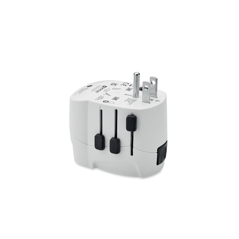 Adaptateur de chargeur universel personnalisé PRO Light avec 2x USB et 3 pôles Matières : ABS Couleurs : blanc personnalisable a