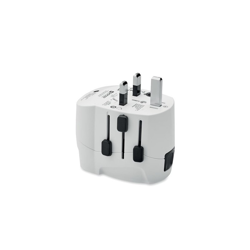 Adaptateur de chargeur universel personnalisé PRO Light avec 2x USB et 3 pôles Matières : ABS Couleurs : blanc goodies publicita