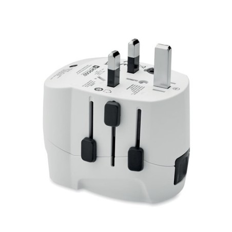 Adaptateur de chargeur universel personnalisé PRO Light avec 2x USB et 3 pôles Matières : ABS Couleurs : blanc goodies publicita