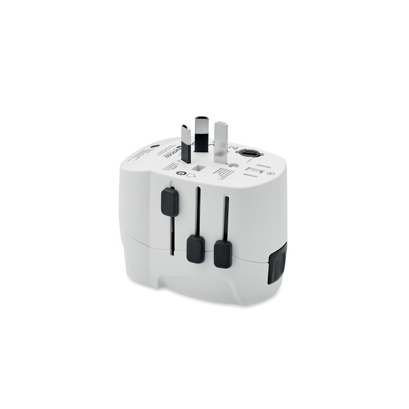 Adaptateur de chargeur universel personnalisé PRO Light avec 2x USB et 3 pôles Matières : ABS Couleurs : blanc impression haute 