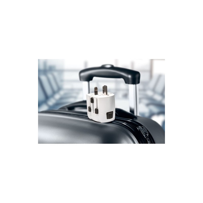 Adaptateur de chargeur universel personnalisé PRO Light avec 2x USB et 3 pôles Matières : ABS Couleurs : blanc marquage laser ul