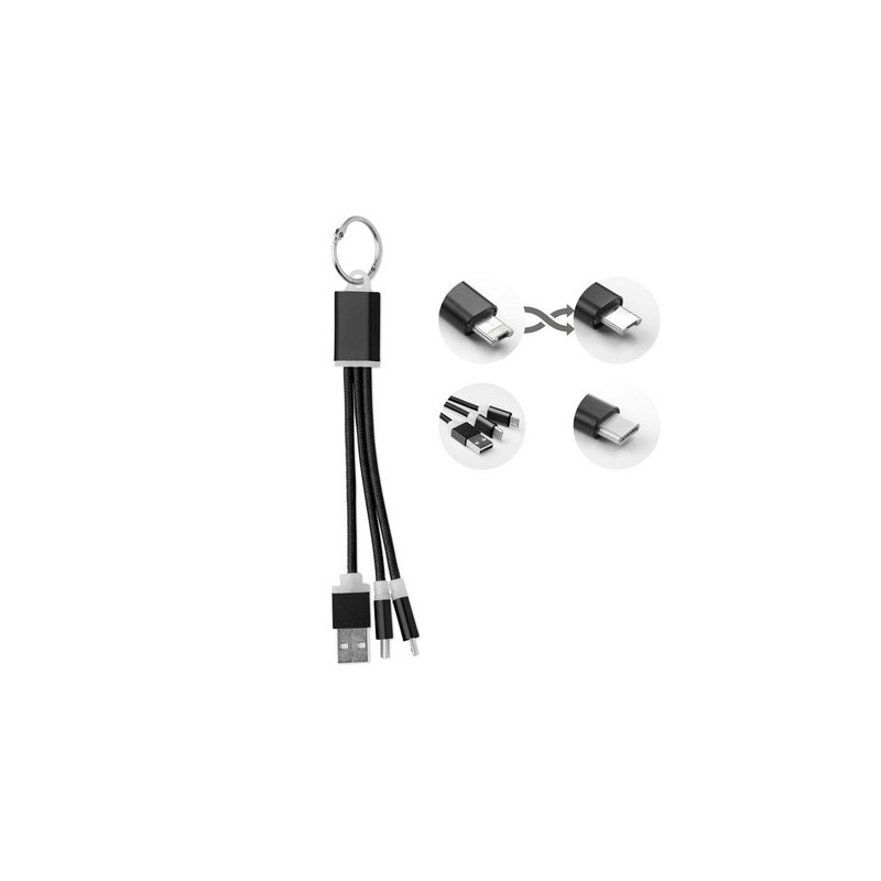 Porte-clés Pratique Personnalisé Chargeur USB 3 Types RIZO Matières : PVC Couleurs : noir