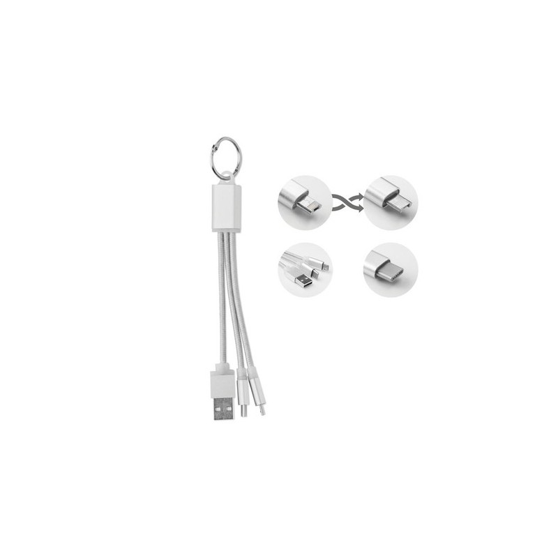 Porte-clés Pratique Personnalisé Chargeur USB 3 Types RIZO Matières : PVC Couleurs : argenté personnalisable avec votre logo