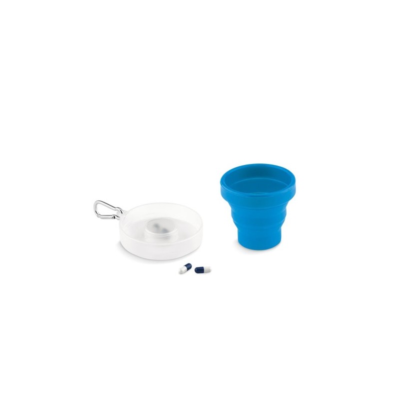 Tasse pliable  avec pilulier - CUP PILL Matières : silicone Couleurs : bleu