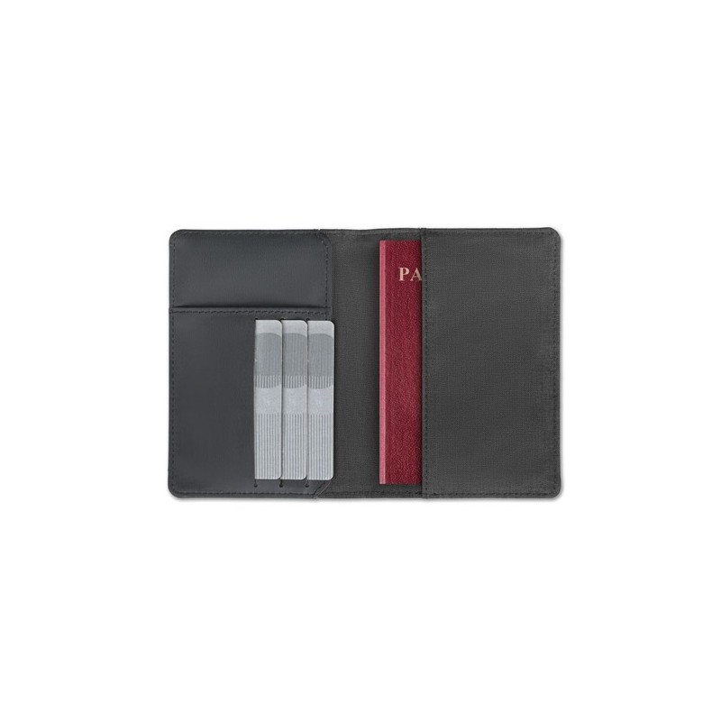 Support de passeport 2 tons personnalisé - SHIELDOC Matières : PET Couleurs : noir personnalisable avec votre logo